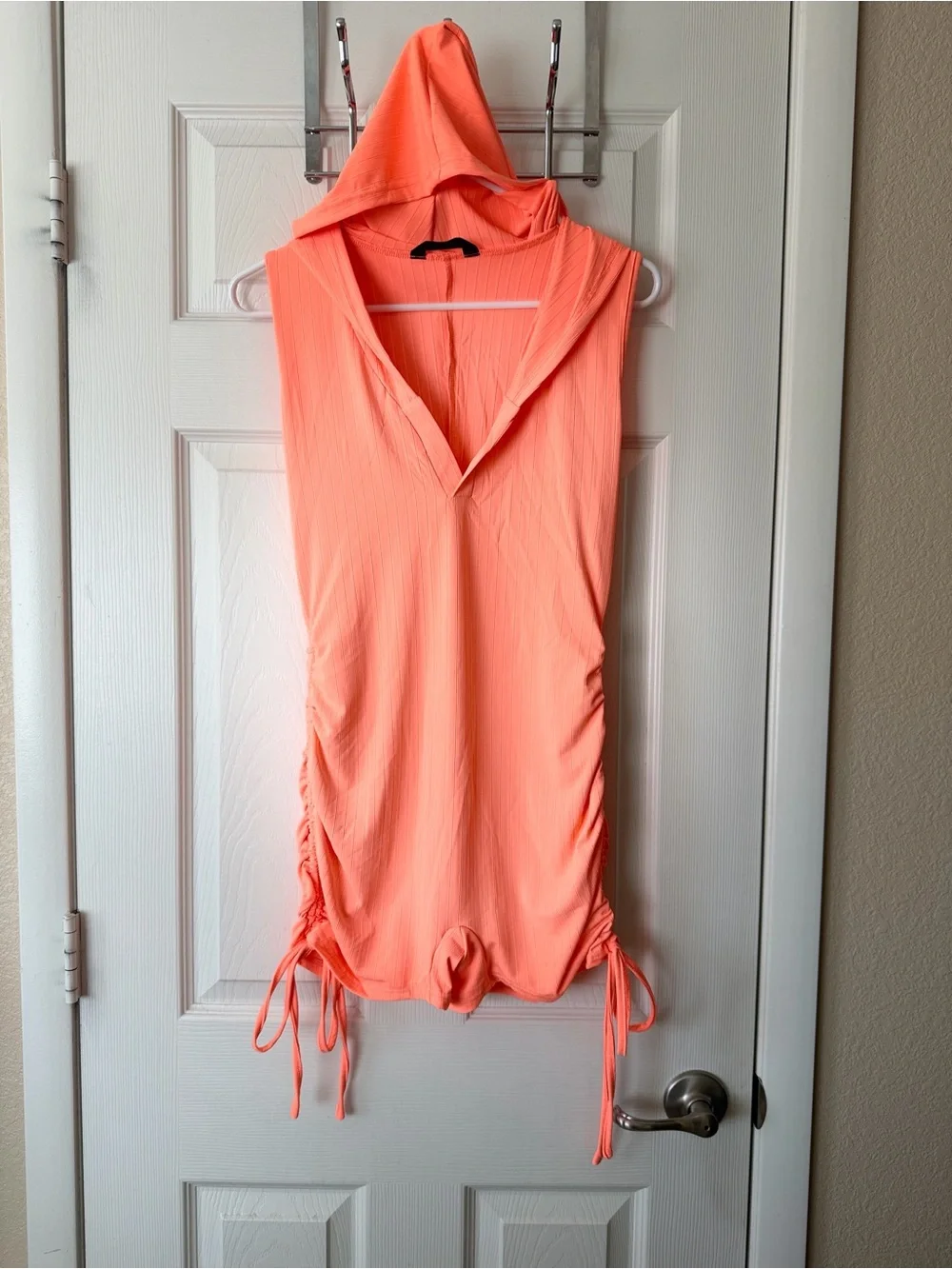 Sleeveless Hooded Romper in Neon Coral